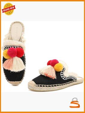 Mule Flat Shoes with Tassel & Pompom, Espadrilles Slides Backless